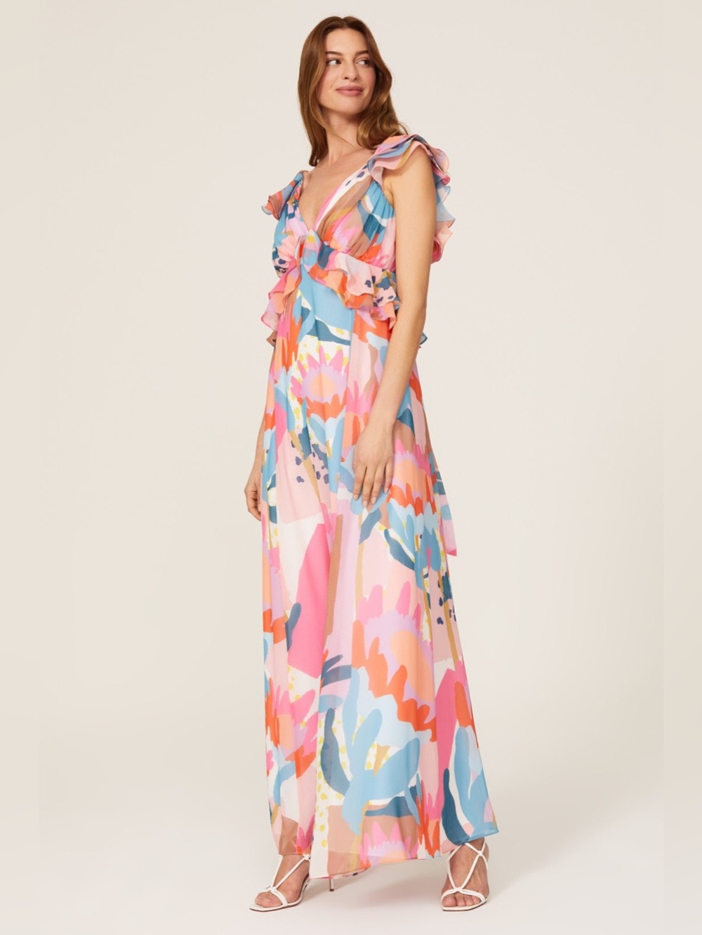 Women’s Sleeveless Multi-Color Maxi Dress with Ruffle Detail